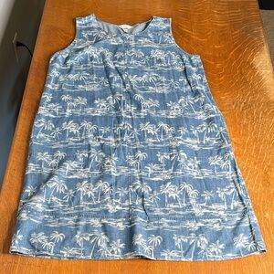 Christopher & Banks Denim Blue Dress with White Palm Tree Print.  Size XL.
